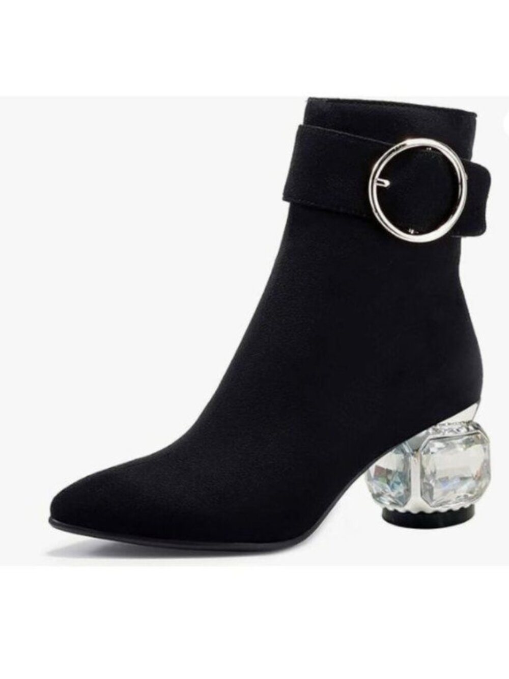 Black Ankle Boot Crystal Low Heel Almond Toe Side Zip Dress Boot with Buckle